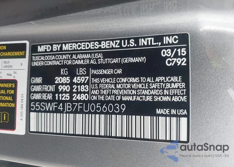 2015 Mercedes-Benz C 300 from USA, damaged, VIN 55SWF4JB7FU056039